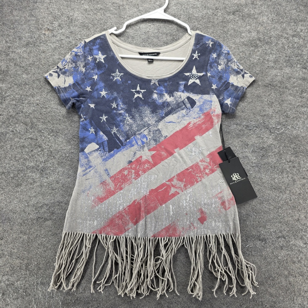Rock & Republic T-Shirt Tunic Womens XS Multicolor USA Flag Fringe Rhinestone